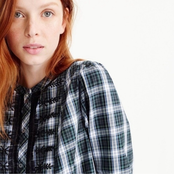 J. Crew Forrest Green Plaid Embellished Button Front Blouse Size XS Tall - Picture 2 of 7